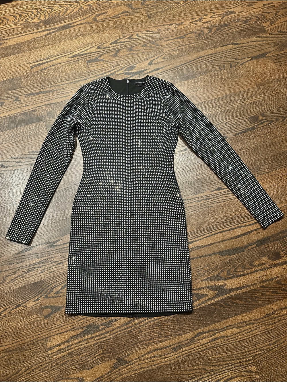 Good American Crystal Crew Mini Black Long-Sleeve Crystal-Studded Bodycon Dress